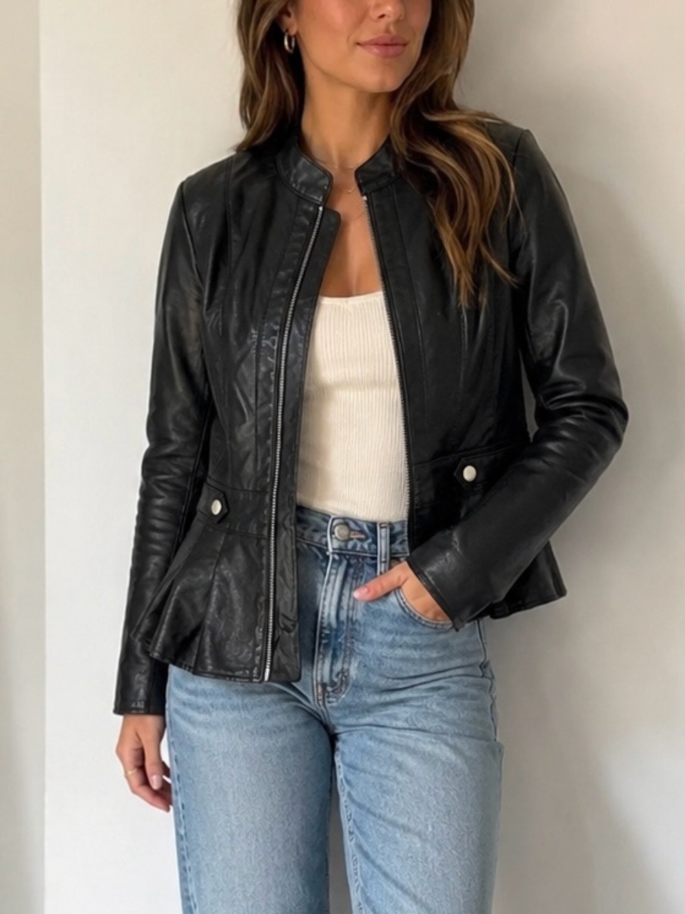 Baccini Black Faux Leather Peplum Moto Jacket Petite Small